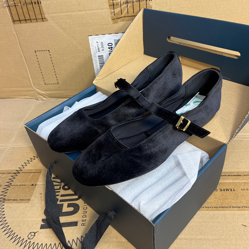 原味！毛绒一字带玛丽珍单鞋女~轻便舒适平底休闲大码外贸黑色鞋