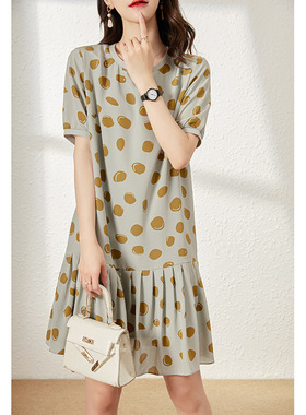 [SYB789456MG] 趣味不规则圆点清爽圆领百褶裙摆桑蚕丝连衣裙