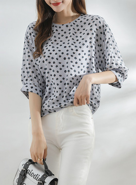 [SYB789456MG] 气质蓝色法式波点圆领短袖桑蚕丝斜纹绉小上衣