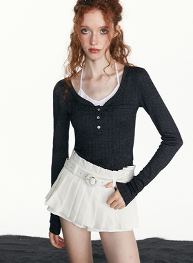 BILL BOOM 美式辣妹黑色修身假两件针织衫女2024春季新款打底上衣