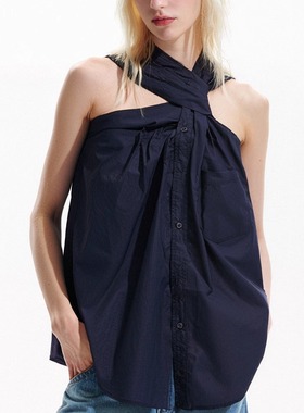 BILL BOOM蓝色扭结挂脖吊带背心女夏季设计感辣妹修身无袖上衣