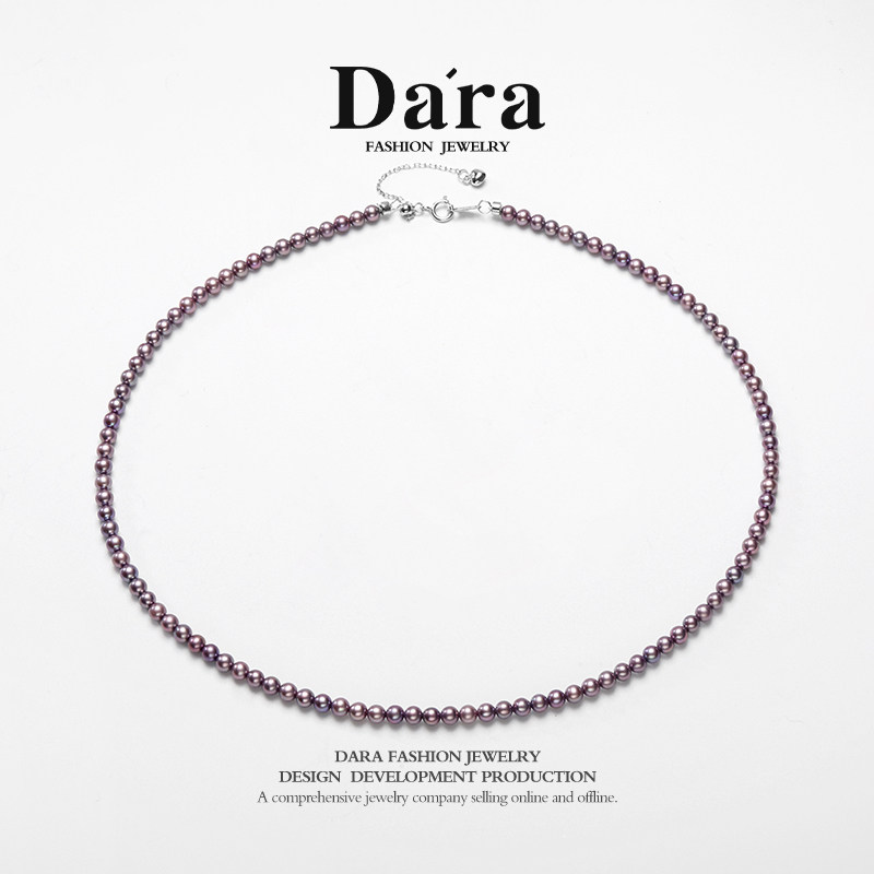 Dara/戴拉925银正圆强光3-4mm紫色淡水珍珠项链女轻奢小众锁骨链