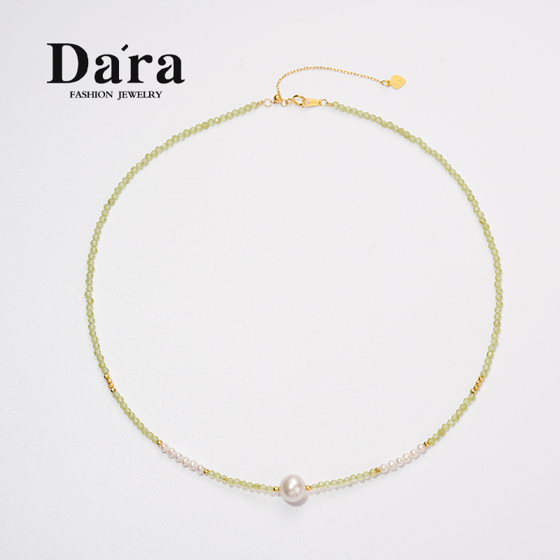 Dara/戴拉S925银 淡水珍珠小米珠3-4mm白珠8-9mm路路通橄榄石项链