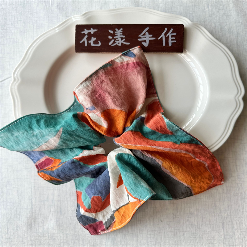 柔软真丝苎麻手工发圈方巾原创春夏新款高级感小众设计发绳油画风