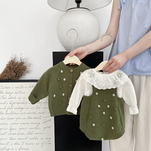 春秋冬季婴儿衣服宝宝1周岁毛衣套装针织长袖外套+背带短裤两件套