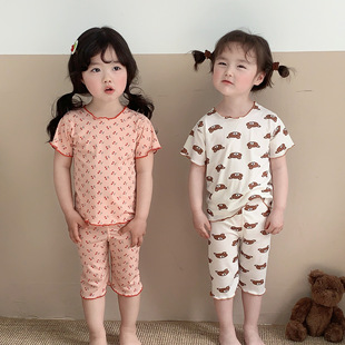 儿童家居服女童夏季冰丝短袖上衣七分裤两件套装婴幼儿小宝宝睡衣