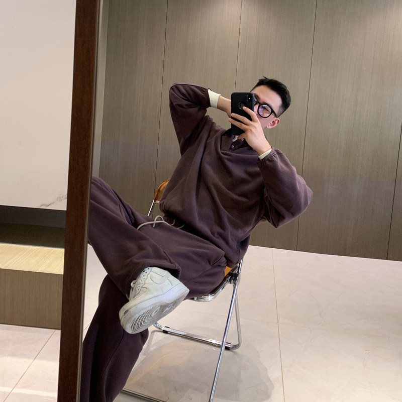 Hello鸡爷秋冬新品舒适亲肤抓绒男士套头卫衣宽松翻领潮流polo领