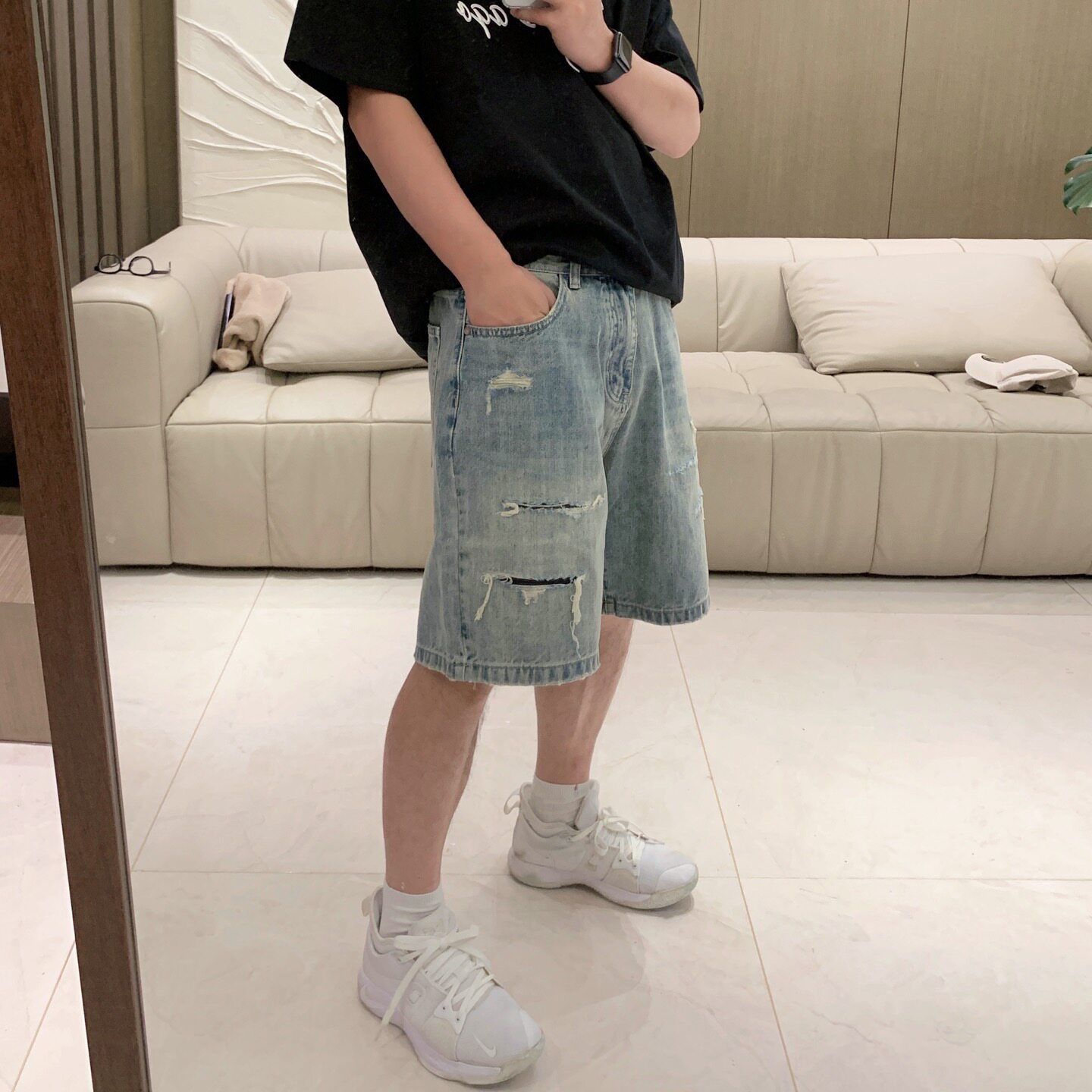 Hello鸡爷 夏季水洗磨破牛仔短裤宽松潮流休闲男士水洗短裤