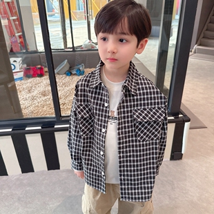 男童洋气百搭黑白格子衬衫春款童装儿童春秋休闲韩版长袖衬衣上衣