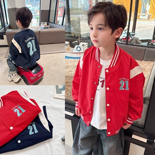 防水防污男童洋气撞色棒球服外套春款童装儿童春秋季红色夹克上衣