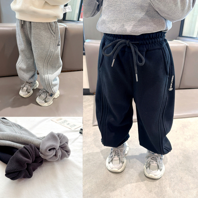 男童韩版加绒加厚卫裤保暖裤2025冬季中小童宝宝一体绒束脚运动裤