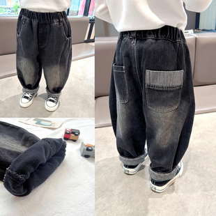 中小童宝宝一体绒休闲裤 洋气百搭 2025冬季 老爹裤 男童加绒牛仔裤