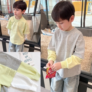 儿童春秋韩版 卫衣T恤2025新款 上衣潮 男童洋气撞色长袖 时髦假两件
