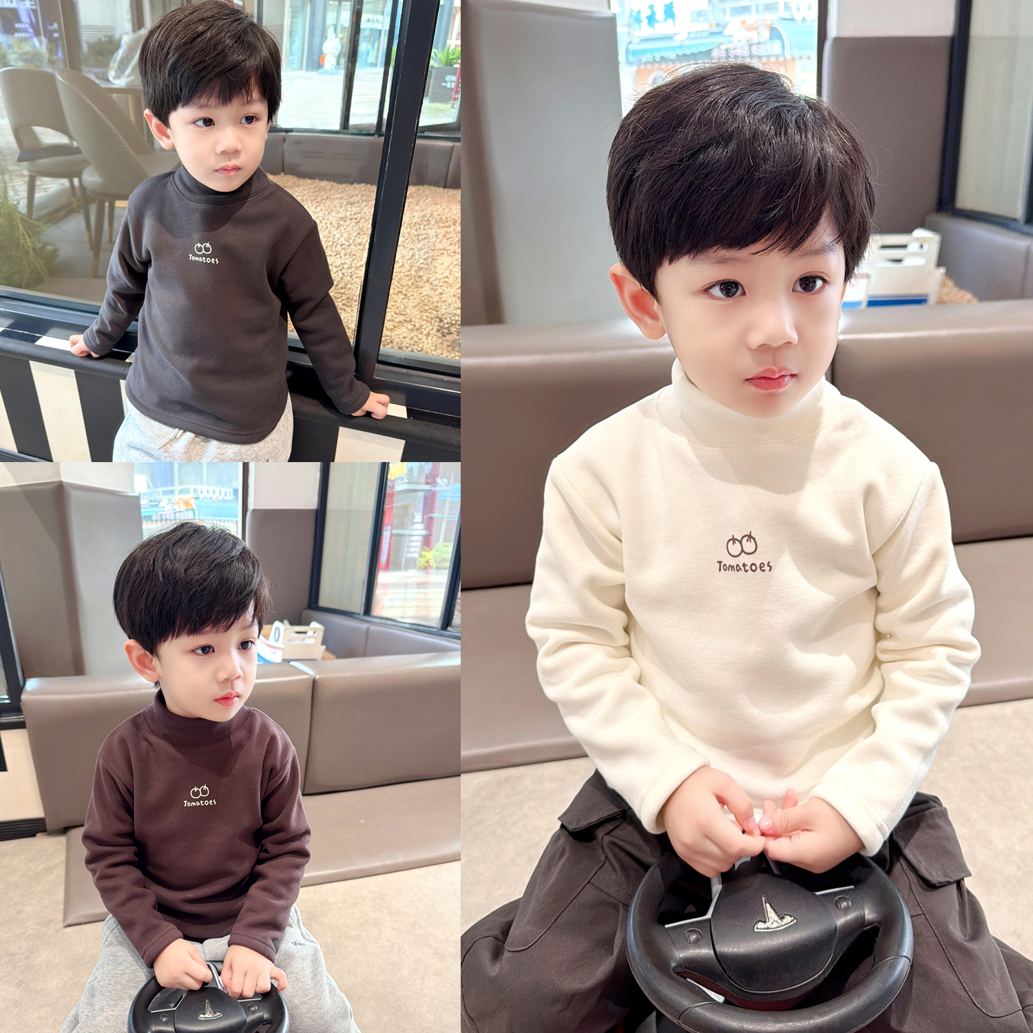 儿童半高领加绒打底衫男女童保暖加绒上衣秋冬新款百搭一体绒T恤