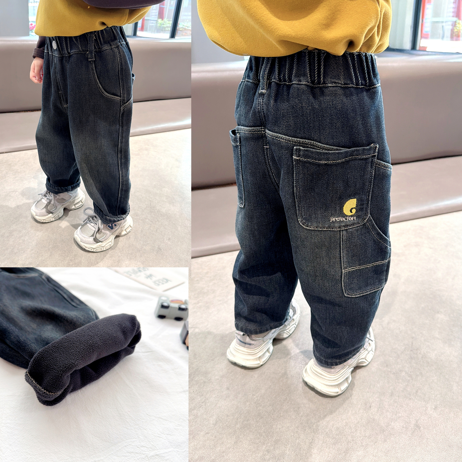 男童黑色加绒牛仔裤2025秋冬季新款儿童松紧腰直筒长裤保暖裤子潮