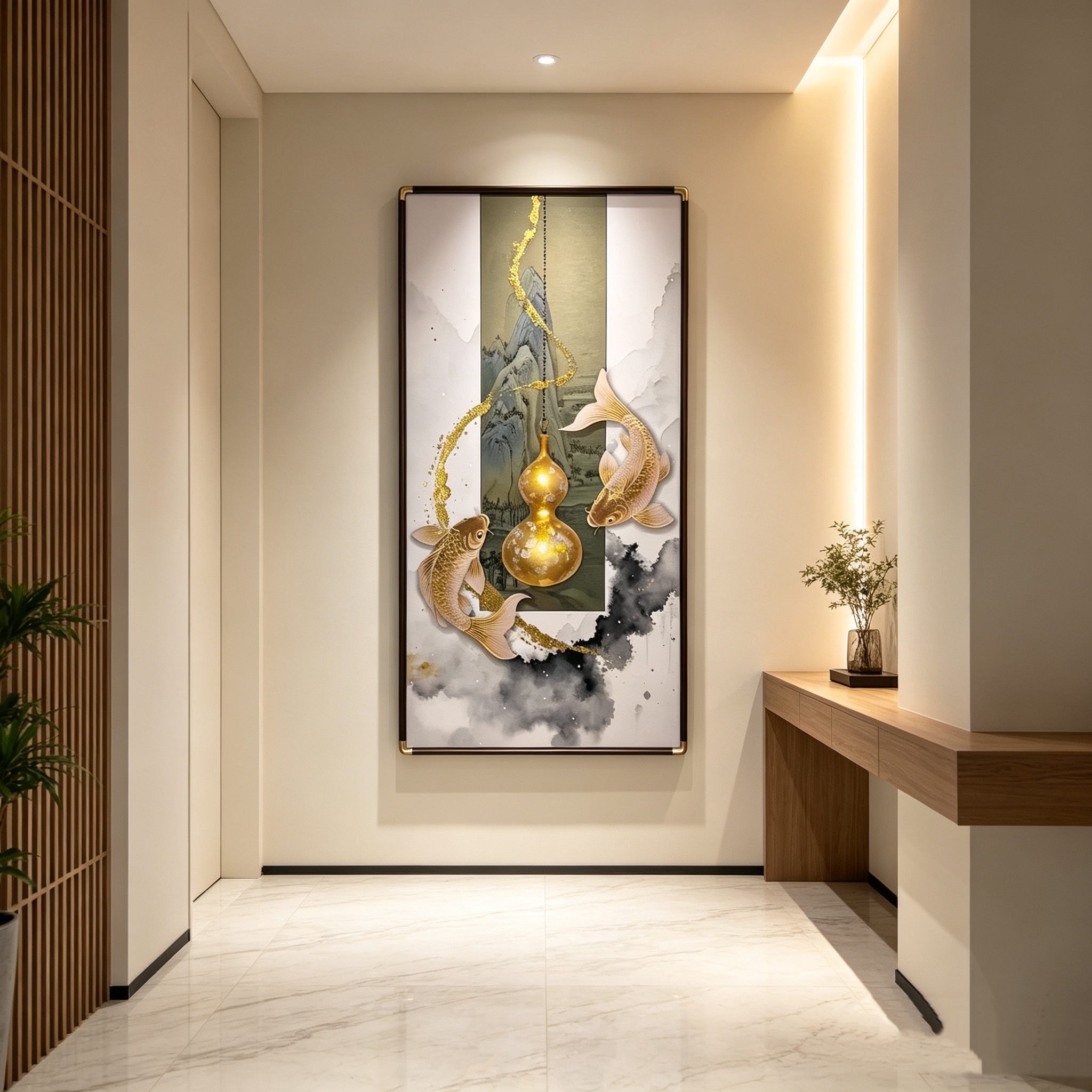 现代简约轻奢意式入户玄关挂画九鱼图高级感丝娟肌理挂画实体店铺