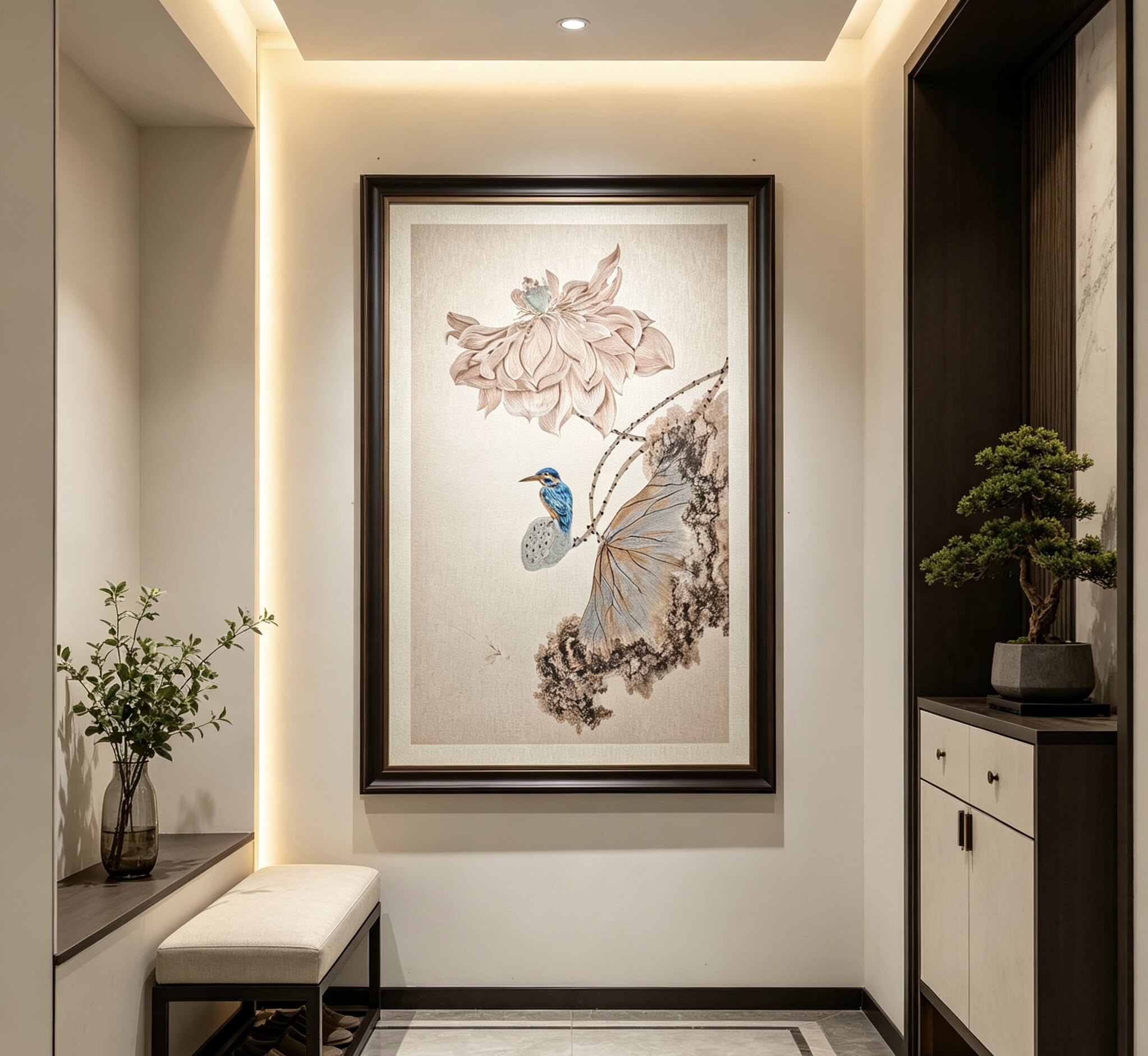 新中式玄关装饰画中式入户走廊过道楼梯挂画荷花中国风墙面壁画