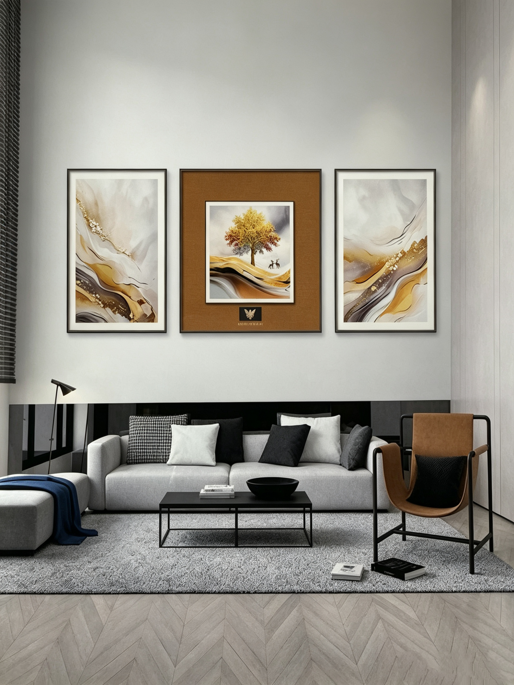 现代简约客厅装饰画三联沙发背景墙北欧简约轻奢壁画福鹿石来运转