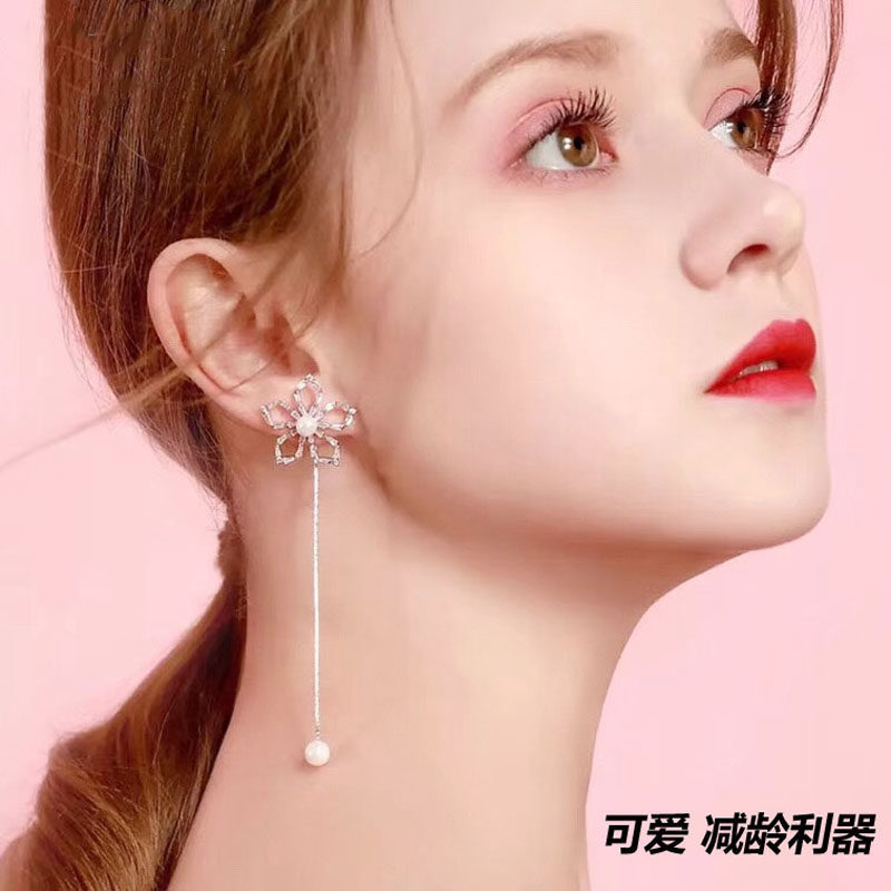 长款花朵流苏耳环女日韩气质甜美纯银珍珠耳坠网红简约百搭超仙饰