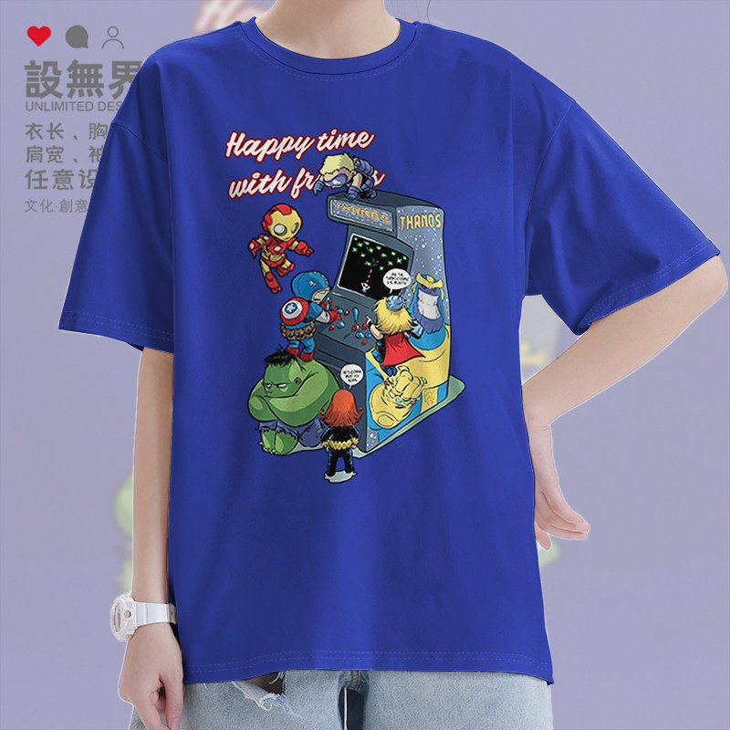 英雄人物绿巨人打游戏机短袖T恤男女INS圆领宽松衣服0010设 无界