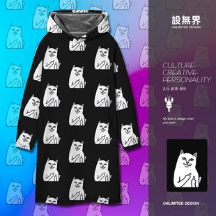 猥琐中指猫圣母抱贱猫咪创意个性大码中长款卫衣裙女0018设 无界