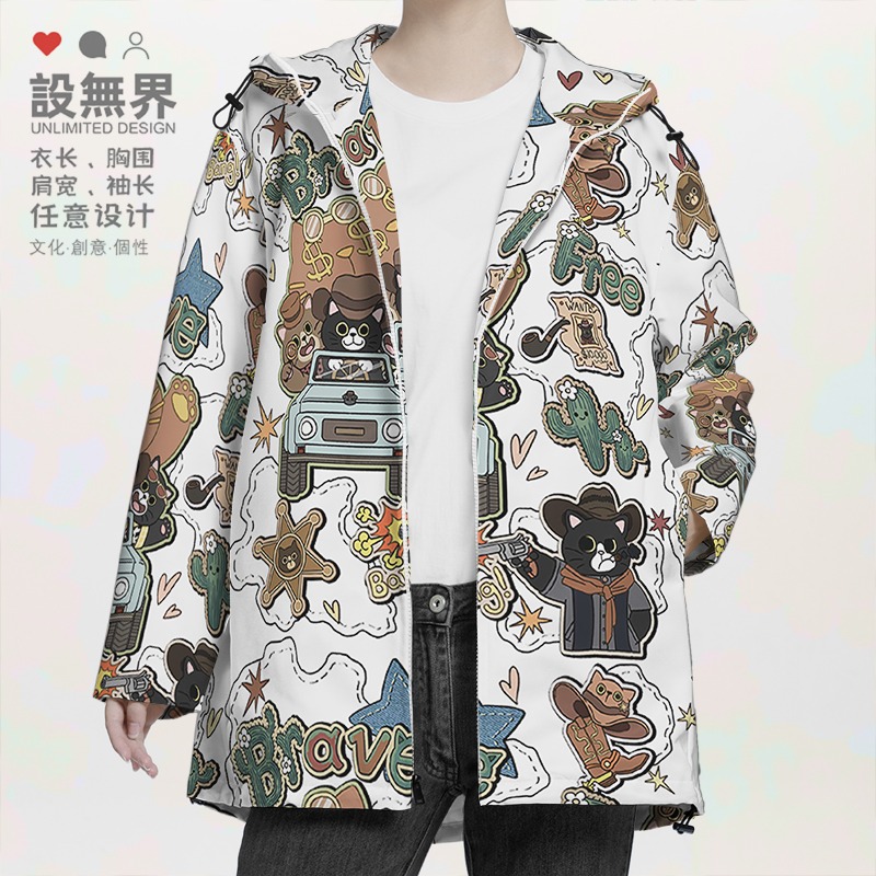 原创美式复古西部牛仔猫咪神夹克