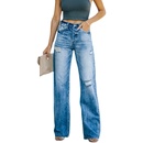 女Jeans 欧洲站蓝色通勤OL高腰显瘦气质破洞水洗直筒阔腿牛仔长裤