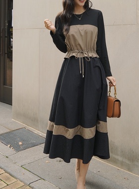 韩版大码胖MM春秋圆领拼色系带收腰假两件长袖中长款连衣裙DRESS