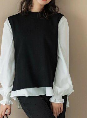 春季新款女装两件套毛衣针织马甲上衣纯色宽松显瘦长袖衬衫衬衣