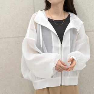日韩春夏新款白色连帽抽绳宽松薄款休闲时尚长袖外套空调衫防晒衣