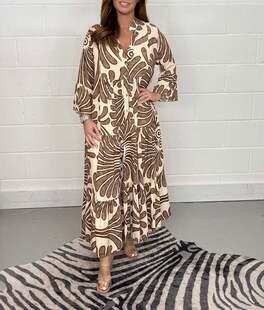 跨境欧美秋冬V领单排扣印花宽松九分袖中长款荷叶边连衣裙女DRESS