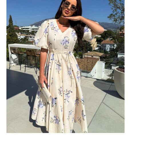 欧美夏季V领印花收腰短袖长裙女