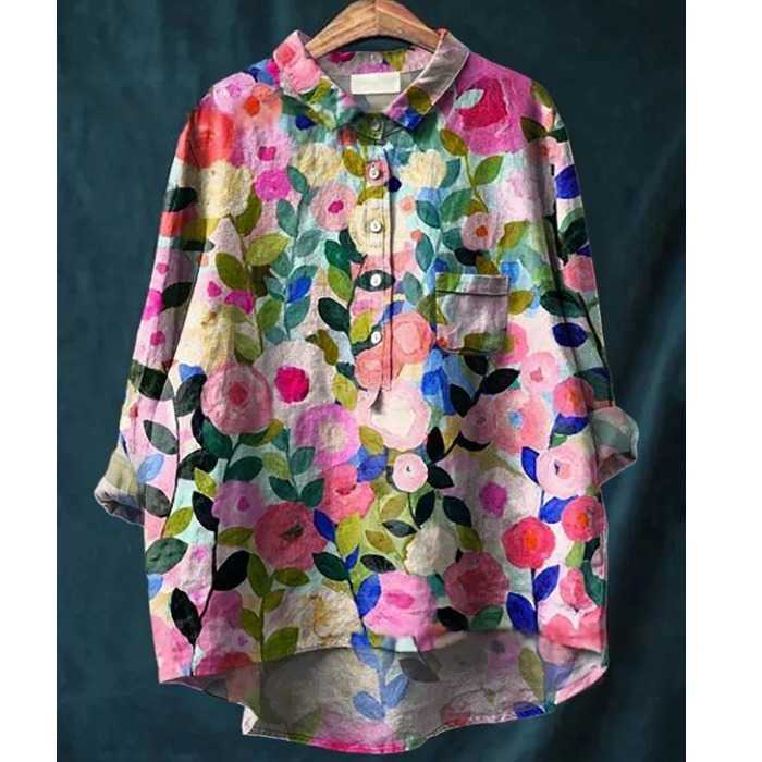 大码时尚复古花色宽松长袖衬衫女