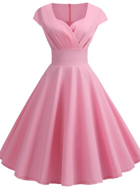 夏季新款欧美复古风气质小V领短袖大摆纯色连衣裙中裙礼服裙DRESS