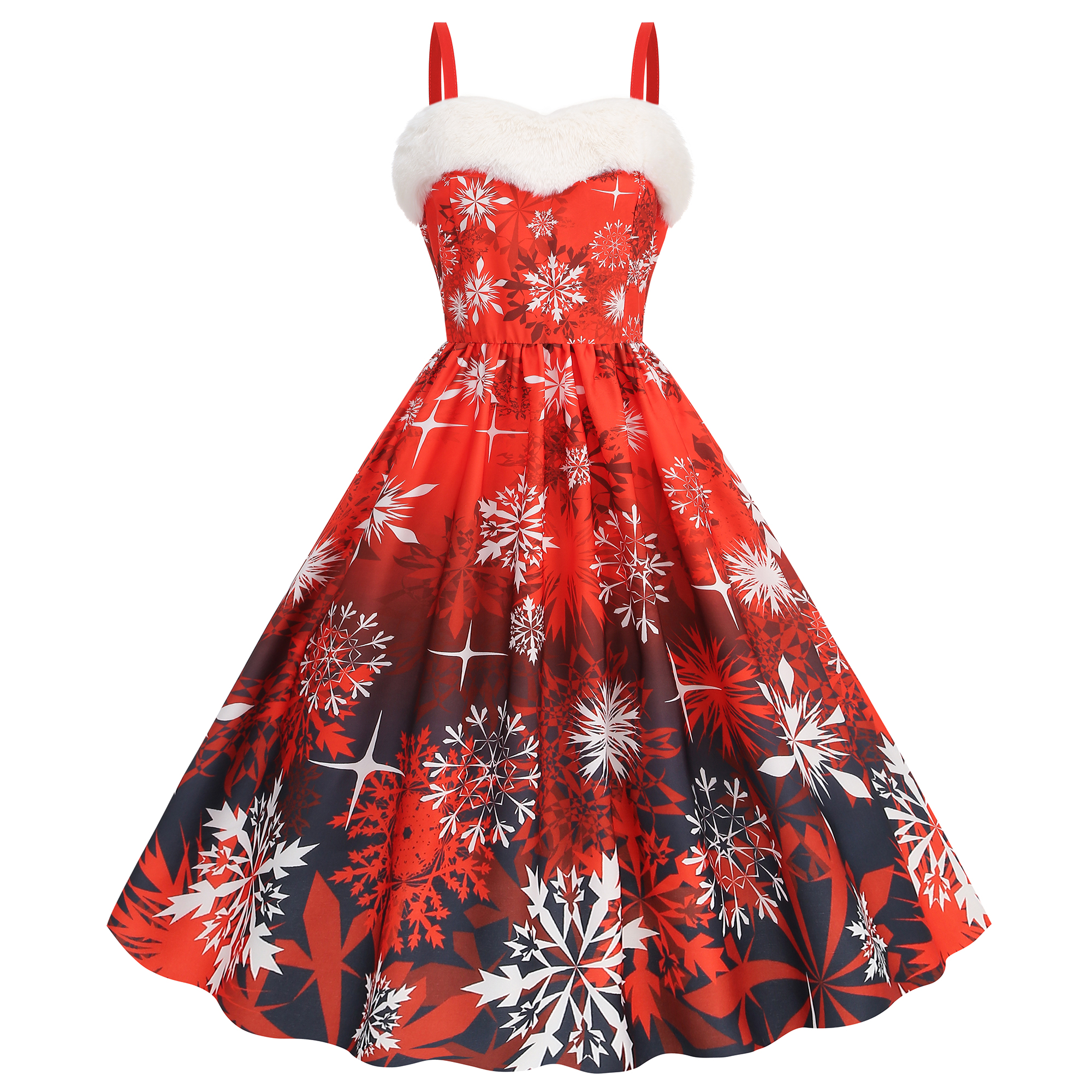 欧美风新款女装圣诞节狂欢毛毛绒性感吊带连衣裙无袖高腰大摆裙