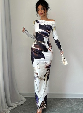 秋季新款欧美风时尚性感斜肩印花修身包臀长袖连衣裙长裙女DRESS