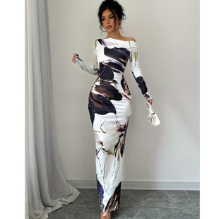 包臀长袖 秋季 性感斜肩印花修身 欧美风时尚 连衣裙长裙女DRESS 新款