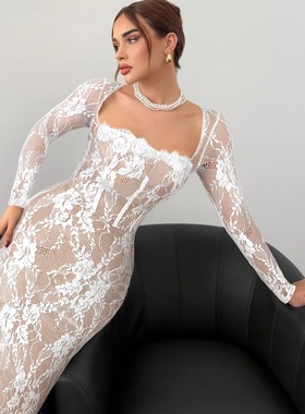 秋季新款速卖通黑色方领蕾丝花边修身包臀开叉长袖连衣裙礼服长裙