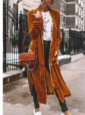 欧美速卖通春秋新品时尚宽松金丝绒弹力中长款风衣开衫外套百搭女