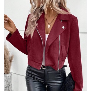 秋冬新款欧美西装领时尚拉链粉色夹克长袖短款外套鹿皮绒上衣6色
