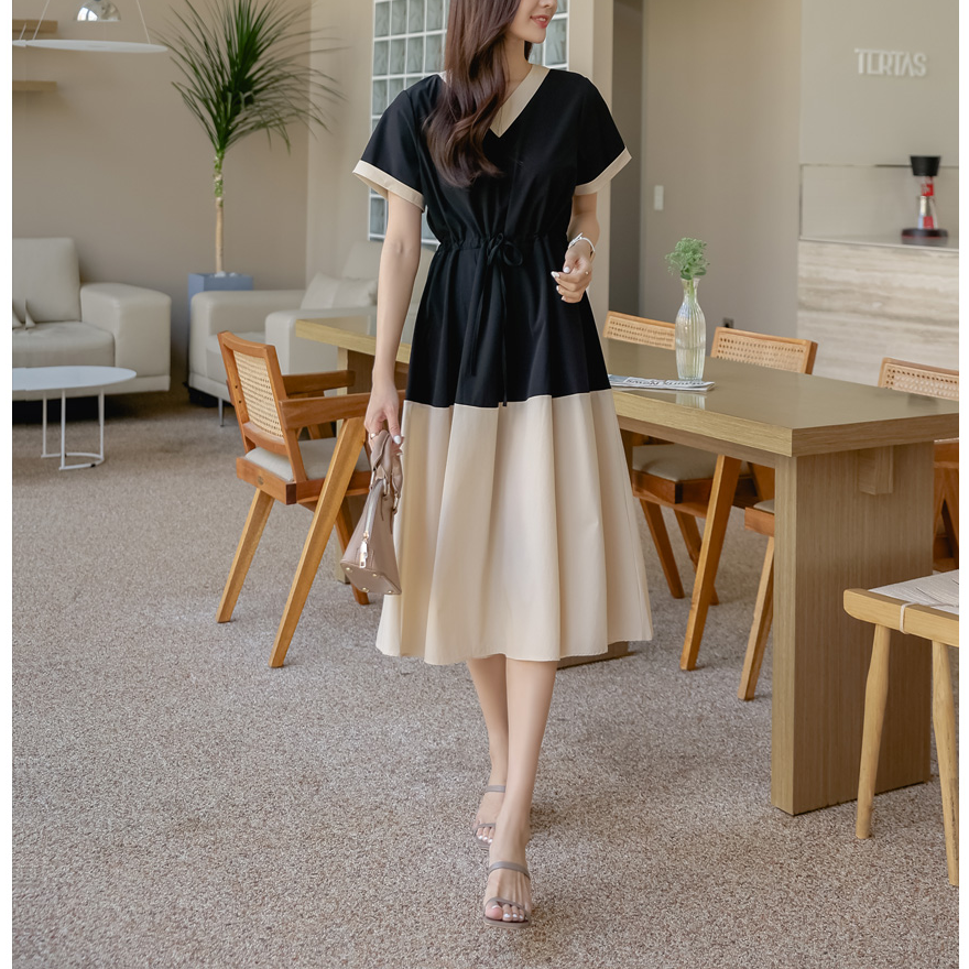 韩版大码V领拼色中长短袖连衣裙
