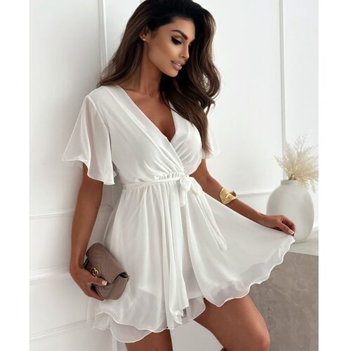 性感V领收腰荷叶边短袖连衣裙女