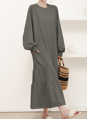 日韩春季新款港风学生灰色圆领宽松中长款休闲长袖连衣裙女DRESS