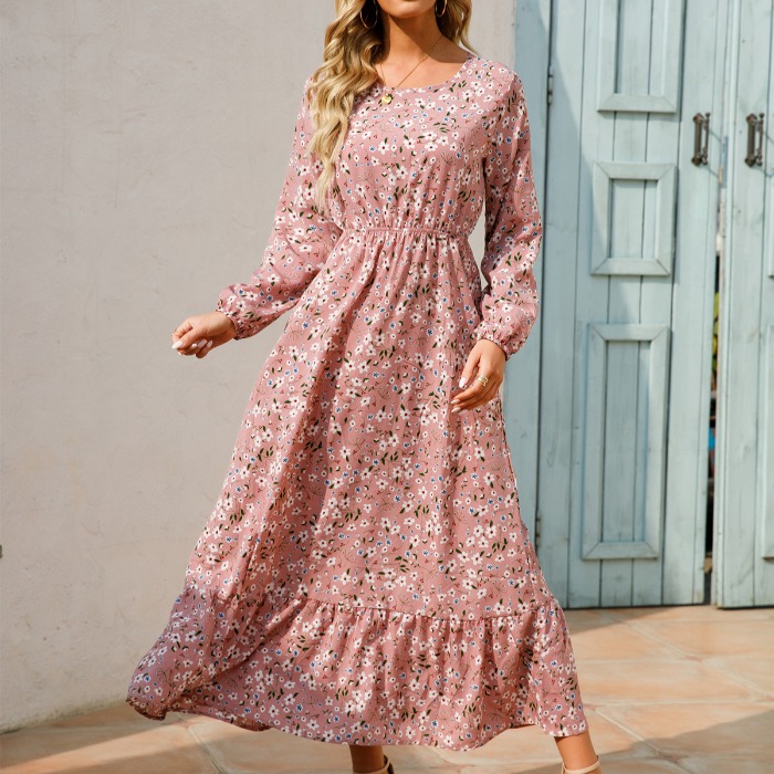 圆领波西米亚风收腰长袖连衣裙子