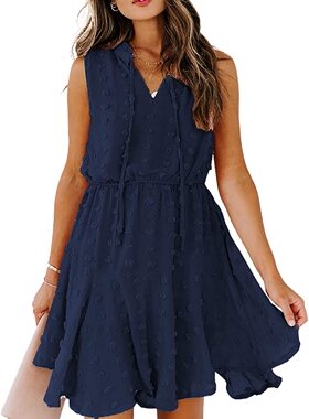 速卖通夏季V领浅蓝色时尚系带点点收腰显瘦无袖背心连衣裙女DRESS