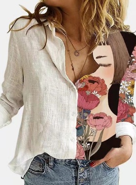 印花POLO领单排扣长袖衬衫上衣