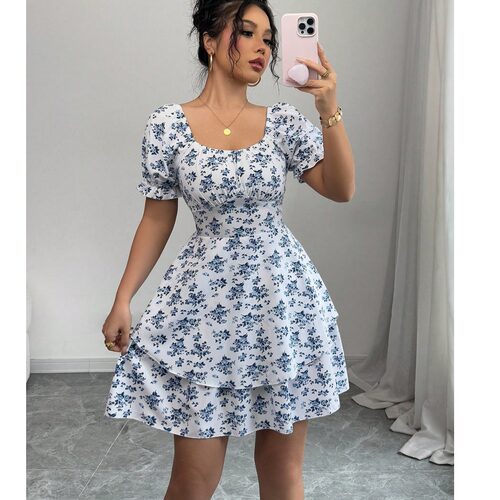 小个子夏季法式方领碎花背后松紧修身气质短袖连衣裙短裙女DRESS