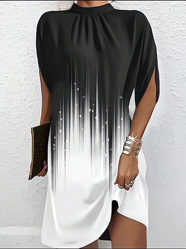 欧美宽松立领定位花短袖连衣裙女