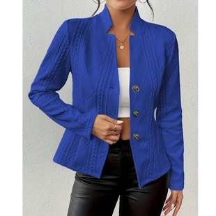 欧美跨境秋冬通勤OL立领单排扣粉色花纹小西装 百搭休闲外套7色5码