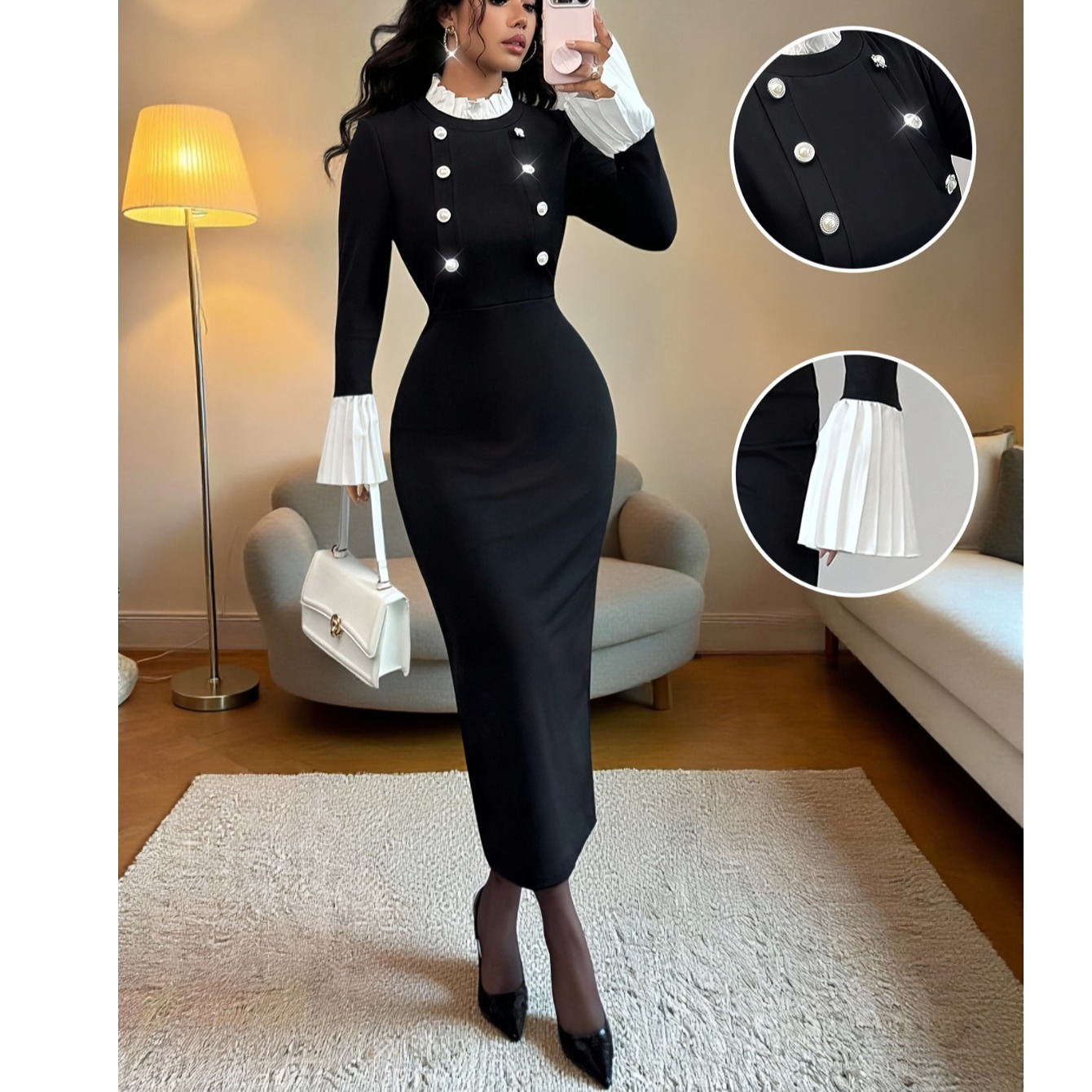 欧美通勤OL黑色包臀后开叉长袖裙